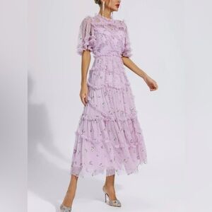 Flouncy feminine lavender dress with floral embroidery